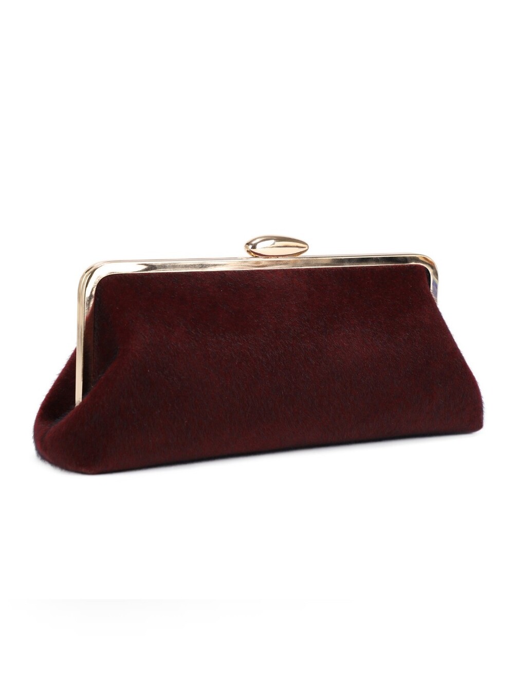 Elegant Faux-Fur Wine Frame Clutch With Gold Toned Fram